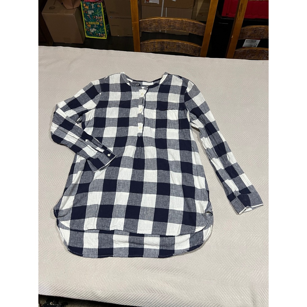 Old Navy Women's Large Navy White Buffalo Plaid Long Sleeve Linen Cotton Tunic